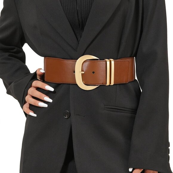 Women Wide Elastic Leather Waist Belt with Gold Buckle for Dresses - Picture 1 of 5